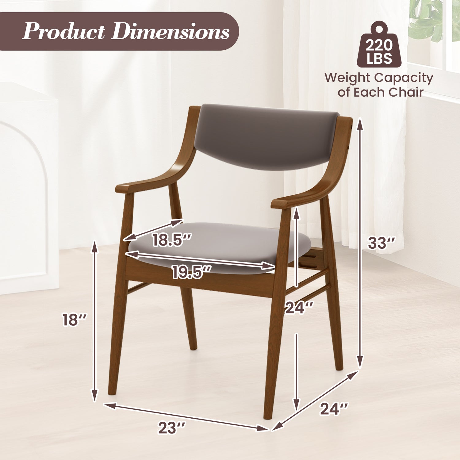 Wooden Dining Chair Set of 2 with Padded Seat and Back