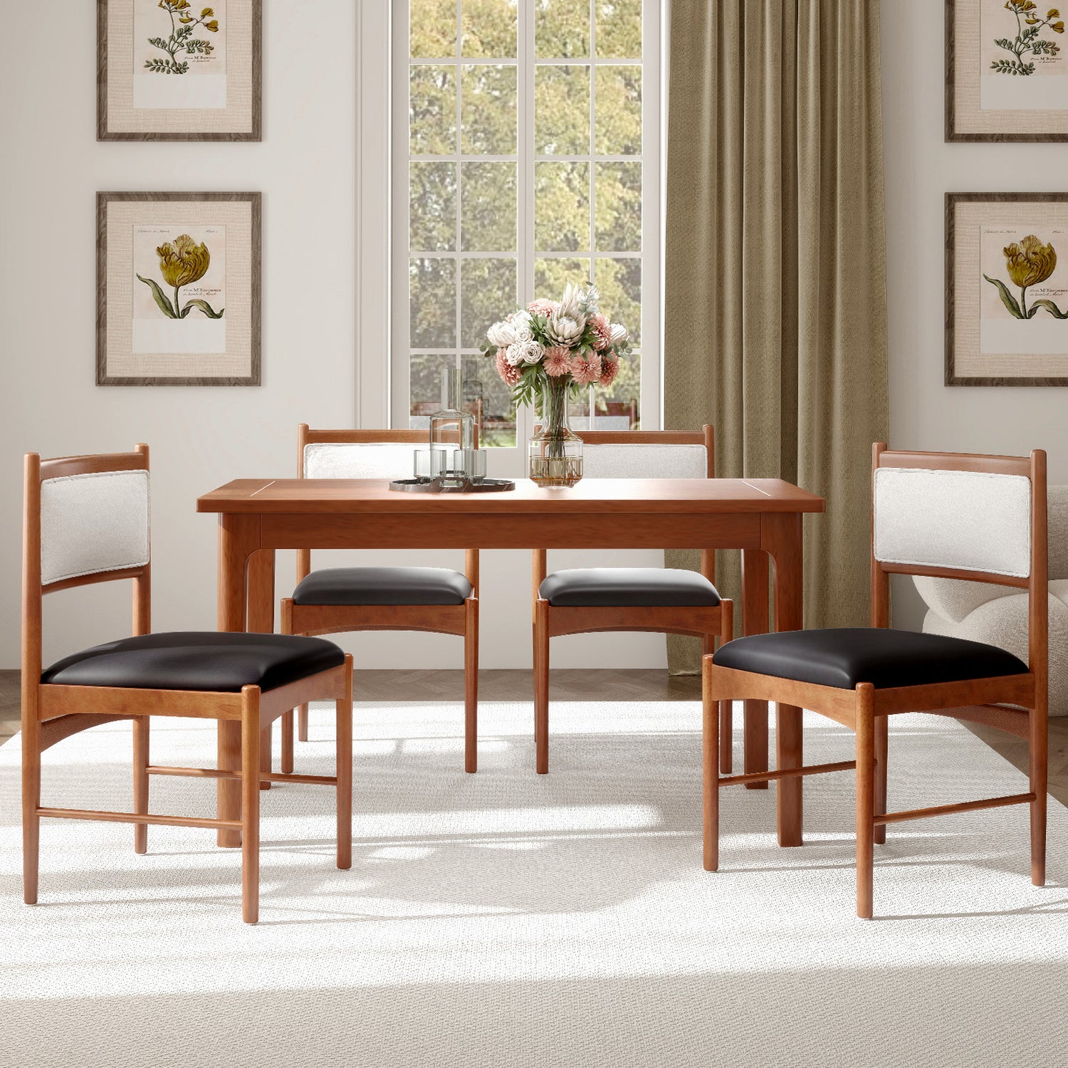Wooden Dining Chair Set of 2 with Rubber Wood Frame and Faux Sherpa Backrest-Walnut