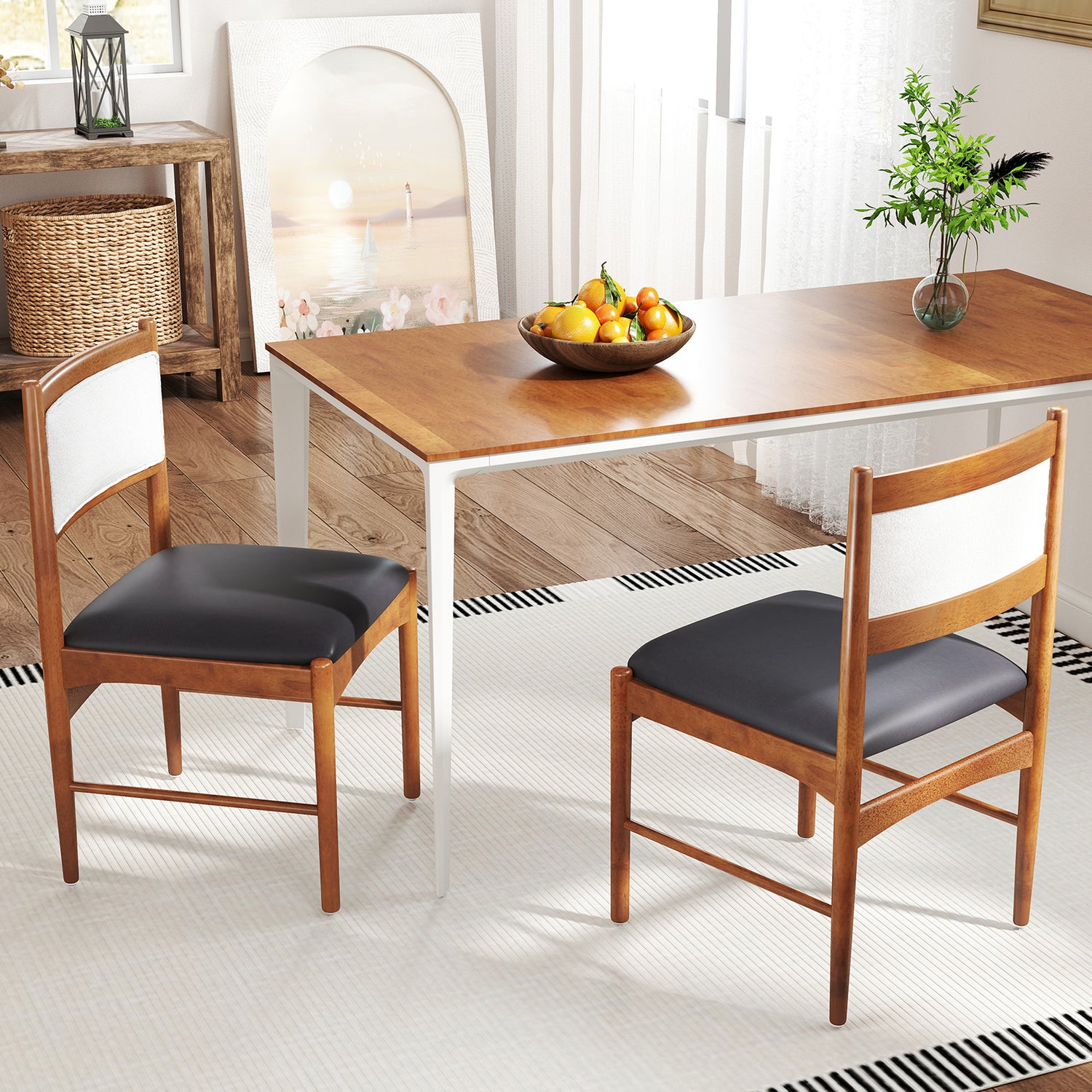 Wooden Dining Chair Set of 2 with Rubber Wood Frame and Faux Sherpa Backrest-Walnut