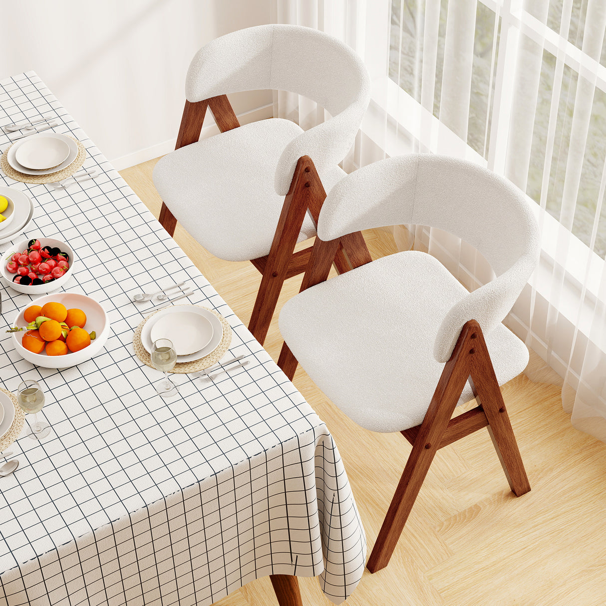 Wooden Dining Chair Set of 4 Mid-Century Modern Sherpa Upholstered Kitchen Dining Room Chairs