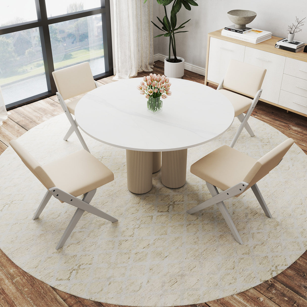 Wooden Dining Chairs of 2 with Rubber Wood Frame and Padded Cushions-White