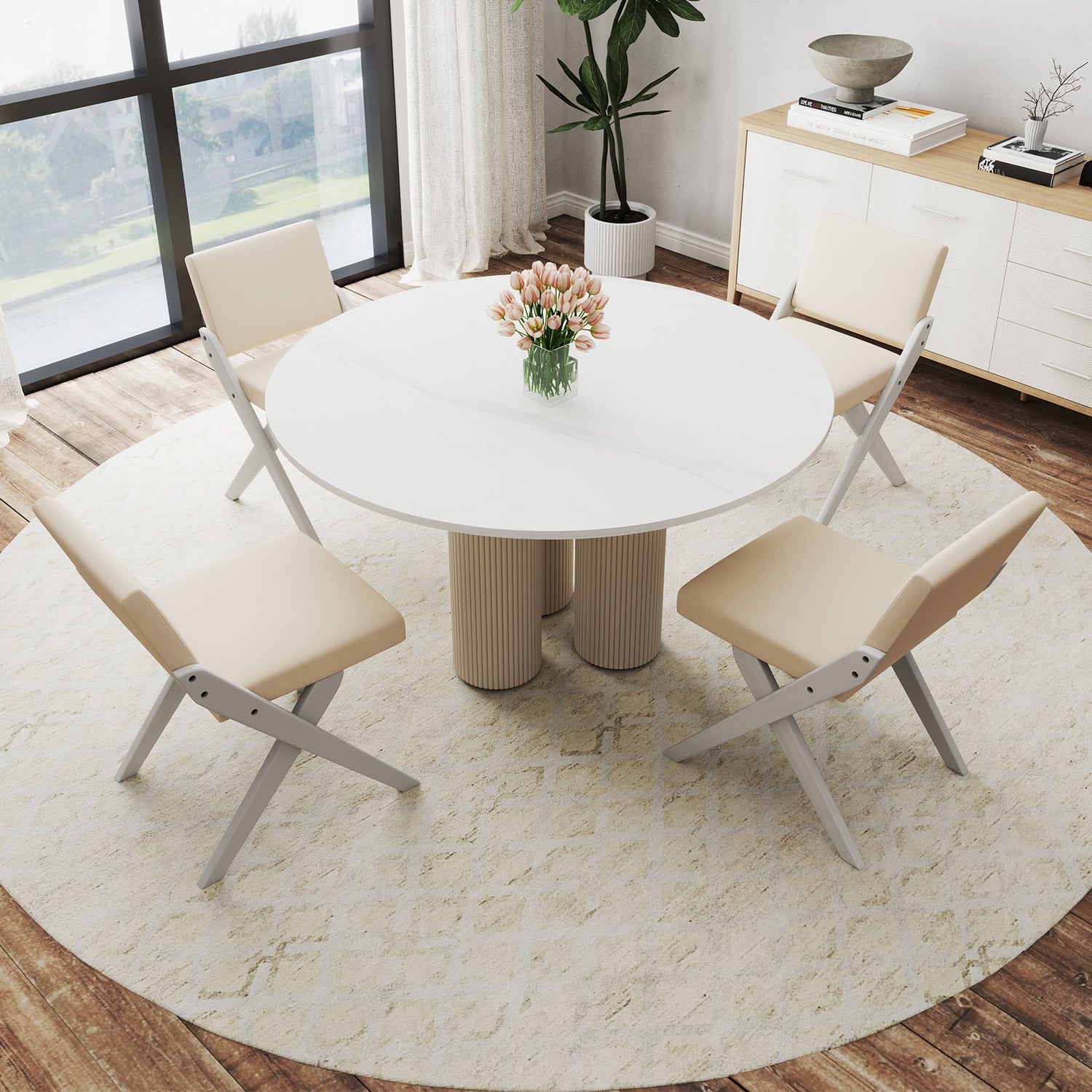 Wooden Dining Chairs of 2 with Rubber Wood Frame and Padded Cushions-White