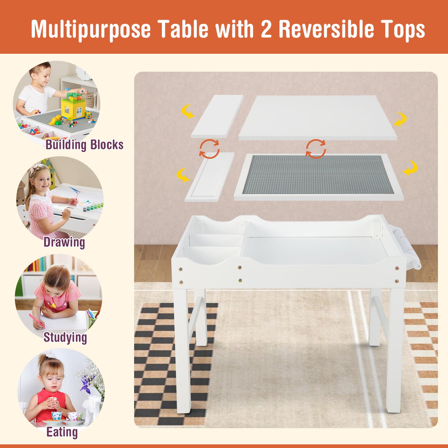 Kids Multi Activity Play Table Wooden Building Block Desk with Storage Paper Roll