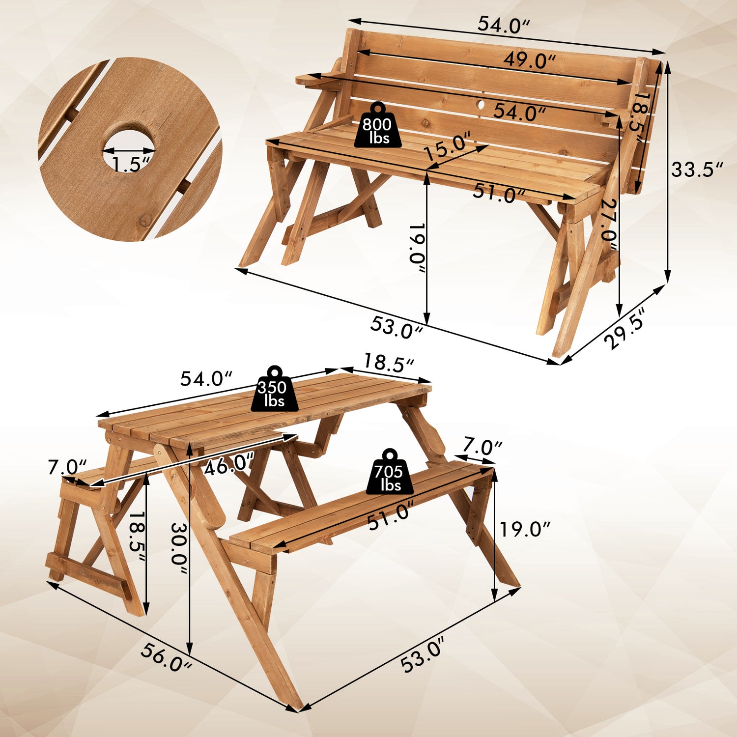 2-in-1 Transforming Interchangeable Wooden Picnic Table Bench with Umbrella Hole-Dark Brown