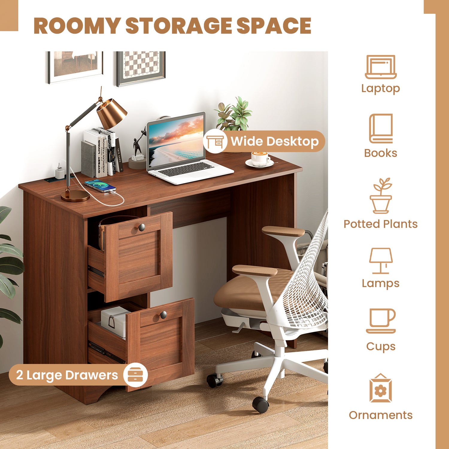 Wooden Vintage Computer Desk with 2 Drawers for Home and Office