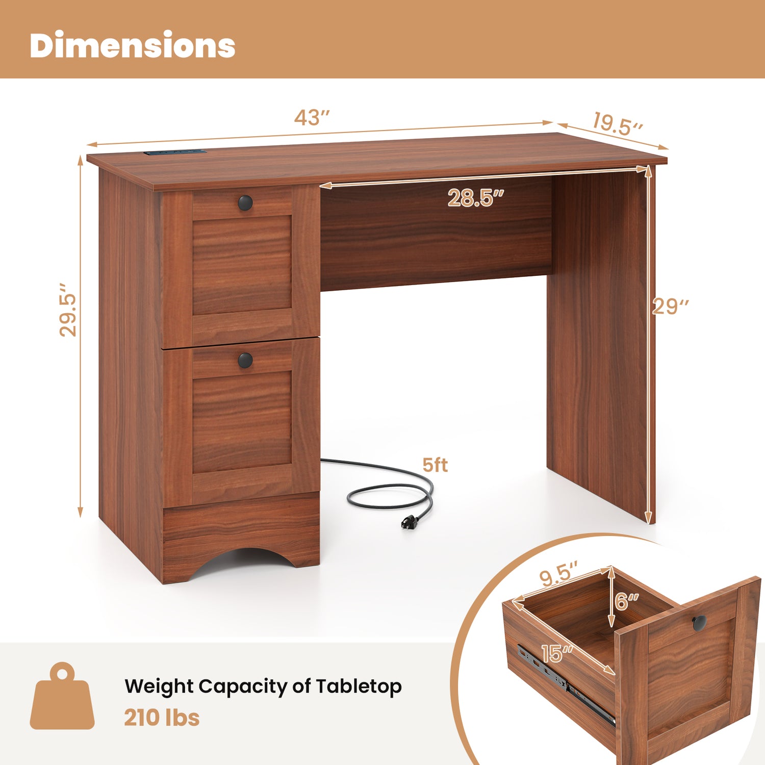 Wooden Vintage Computer Desk with 2 Drawers for Home and Office