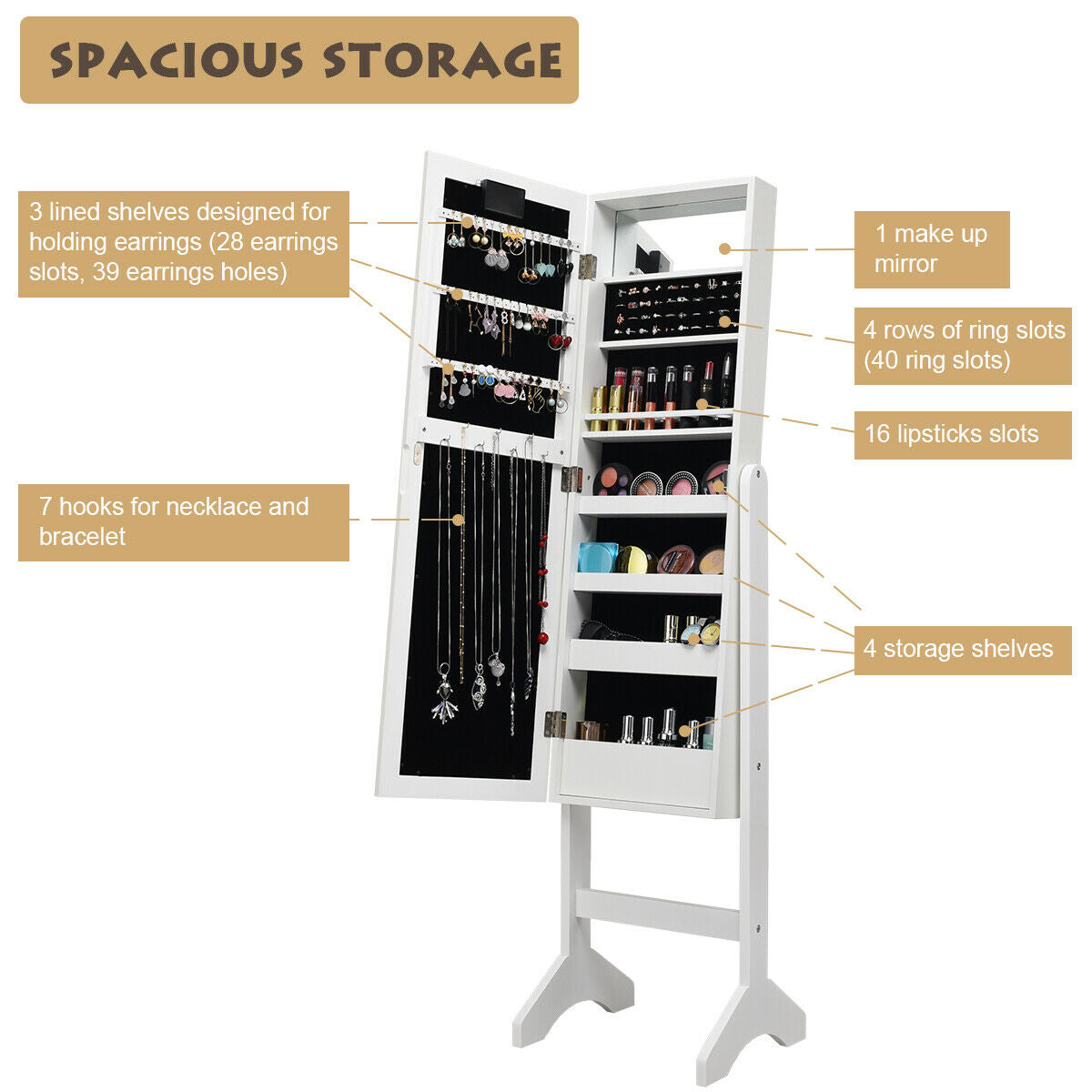 Mirrored Jewelry Cabinet Armoire Organizer w/ LED lights
