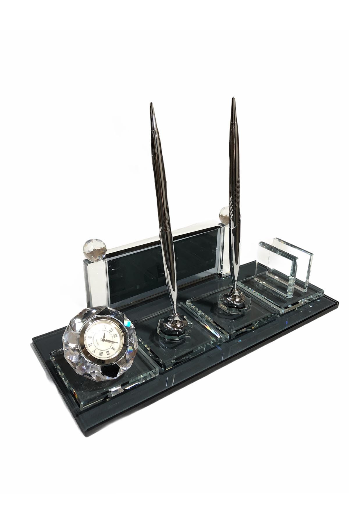 MOOG Black Glass Desk Name Plate With Clock