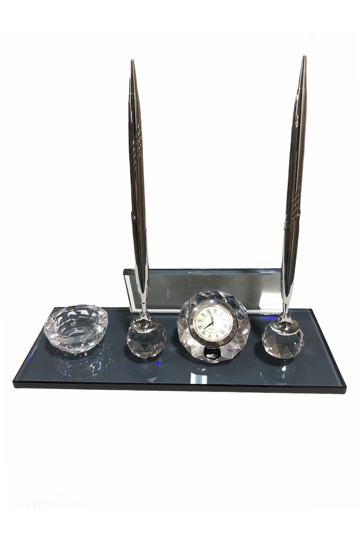 MOOG  Black Glass Desk Name Plate With Clock