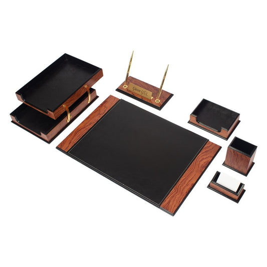 Personalization Wood Desk Set - Leather Office Desk Organizer - Business Card Note Paper Pencil Holder - Office Accessories