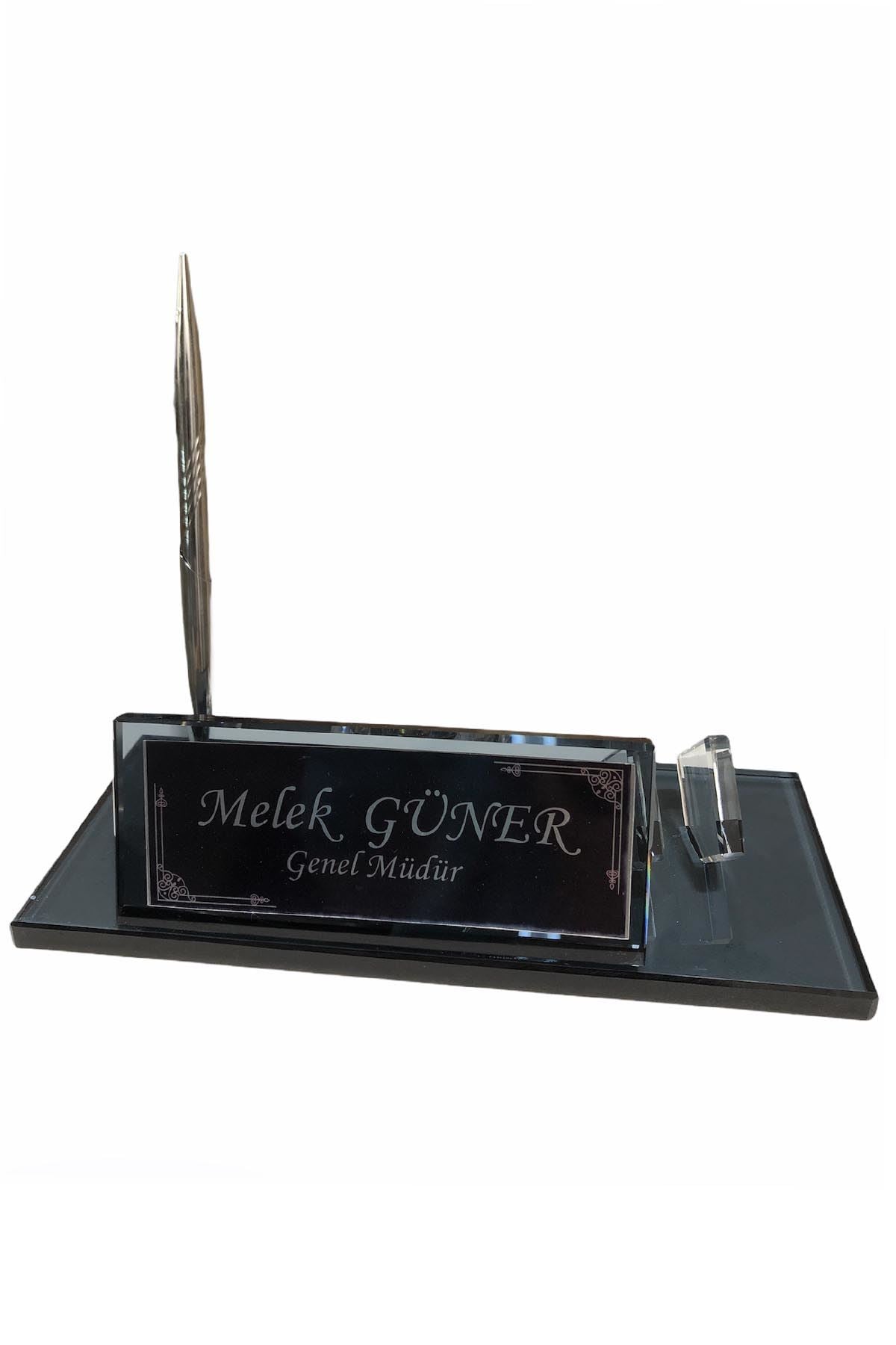 MOOG  Black Glass Desk Name Plate With Clock