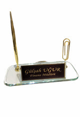 MOOG  Black Glass Desk Name Plate With Clock