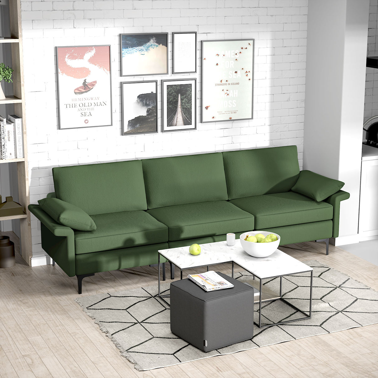 Large 3-Seat Sofa Sectional with Metal Legs and 2 USB Ports for 3-4 people