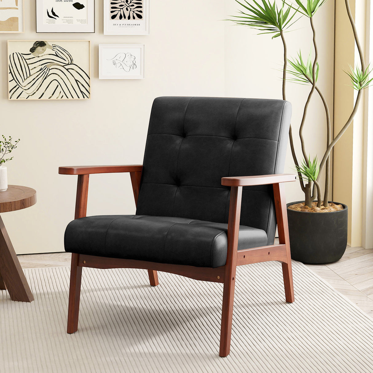 Mid Century Modern Accent Chair with Solid Rubber Wood Frame and Leather Cover