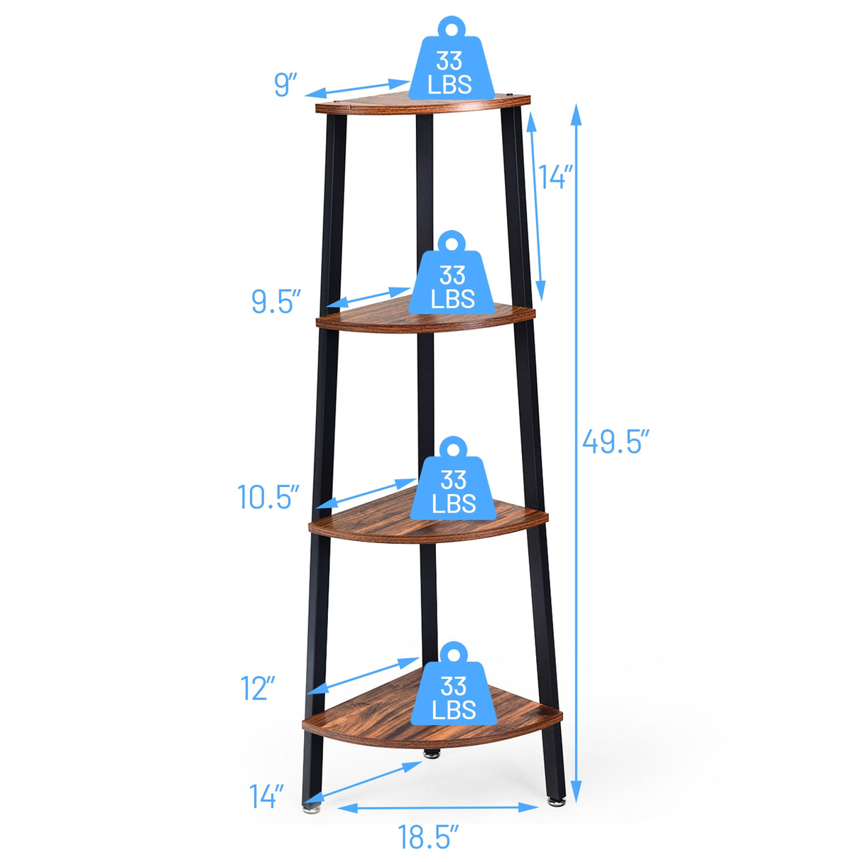4-Tier Corner Shelf Metal Storage Rack Domestic Bookcase-Black