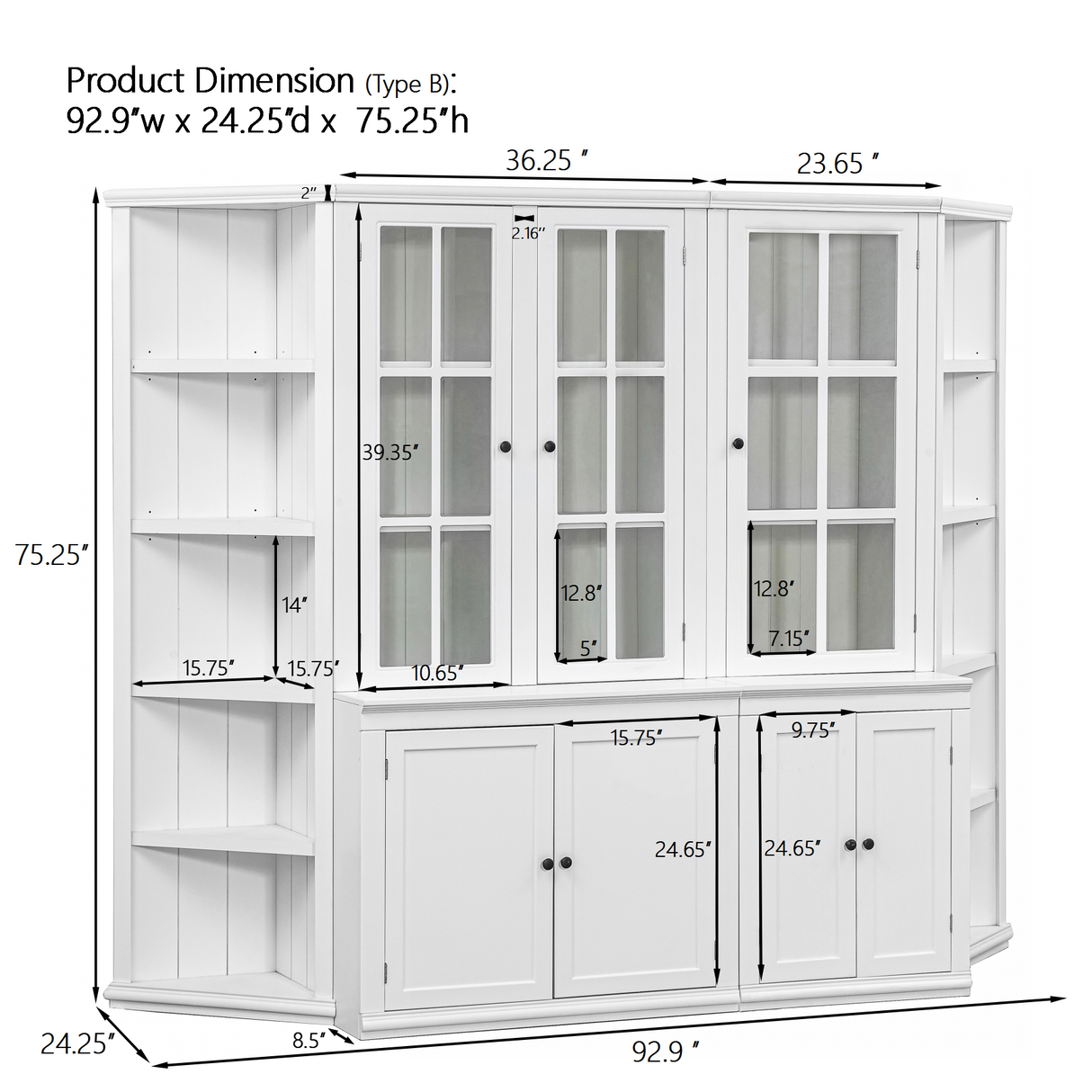 Retro Style Wall Suit with Glass Doors, 75.25'' Tall Display Cabinets & Triangle Sided Bookshelves, White