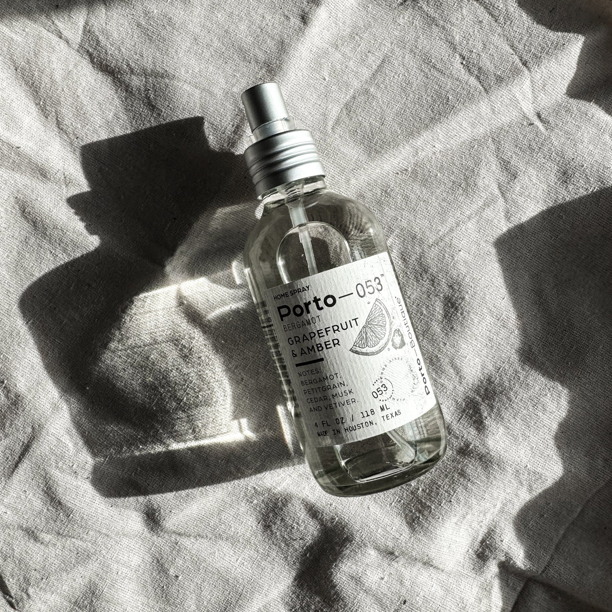 Porto-053 Room Spray – Linen & Fabric Freshener – High Fragrance Concentration – Vegan & Handmade in USA – 4 oz Clear Glass Bottle with decorative box