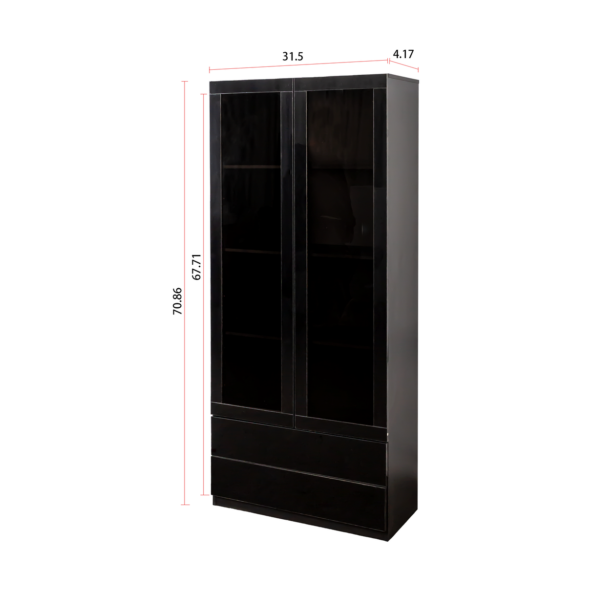Display Cabinet with Glass Doors, Curio Storage Cabinet with 2-Drawer, Bookcase with LED Lights, Black