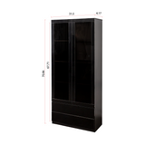 Display Cabinet with Glass Doors, Curio Storage Cabinet with 2-Drawer, Bookcase with LED Lights, Black