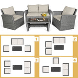 4 Pieces Patio Rattan Furniture Set Sofa Table with Storage Shelf Cushion