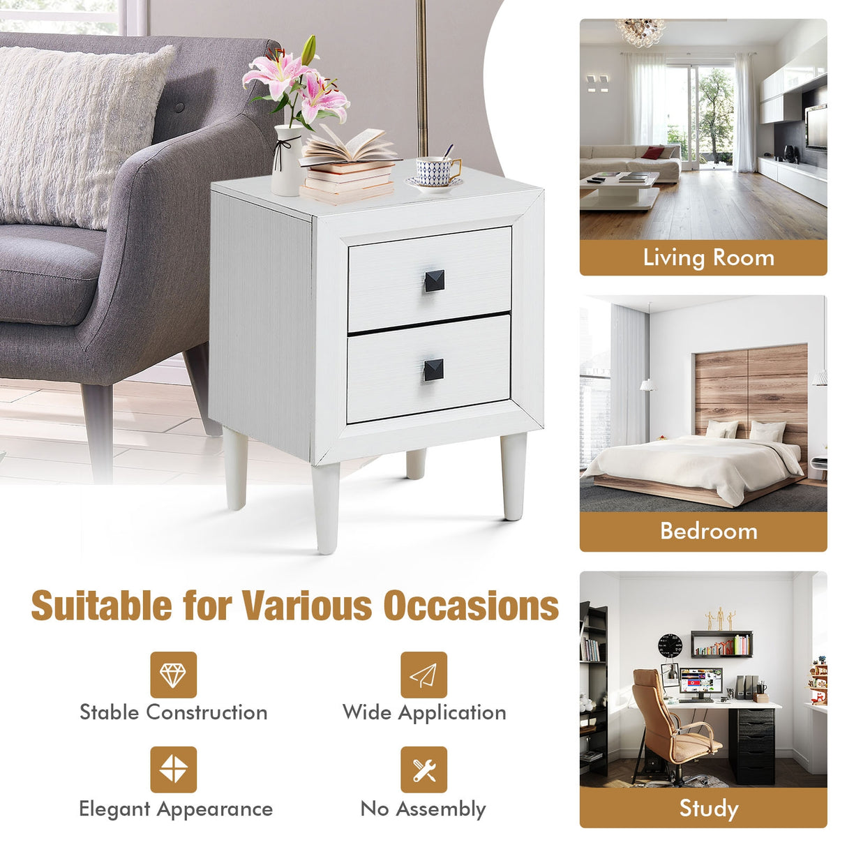 Multipurpose Retro Bedside Nightstand with 2 Drawers