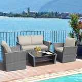 4 Pieces Patio Rattan Furniture Set Sofa Table with Storage Shelf Cushion