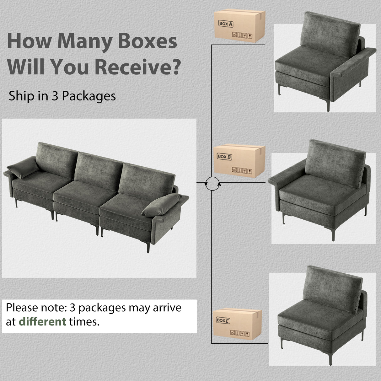 Large 3-Seat Sofa Sectional with Metal Legs and 2 USB Ports for 3-4 people