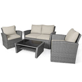 4 Pieces Patio Rattan Furniture Set Sofa Table with Storage Shelf Cushion