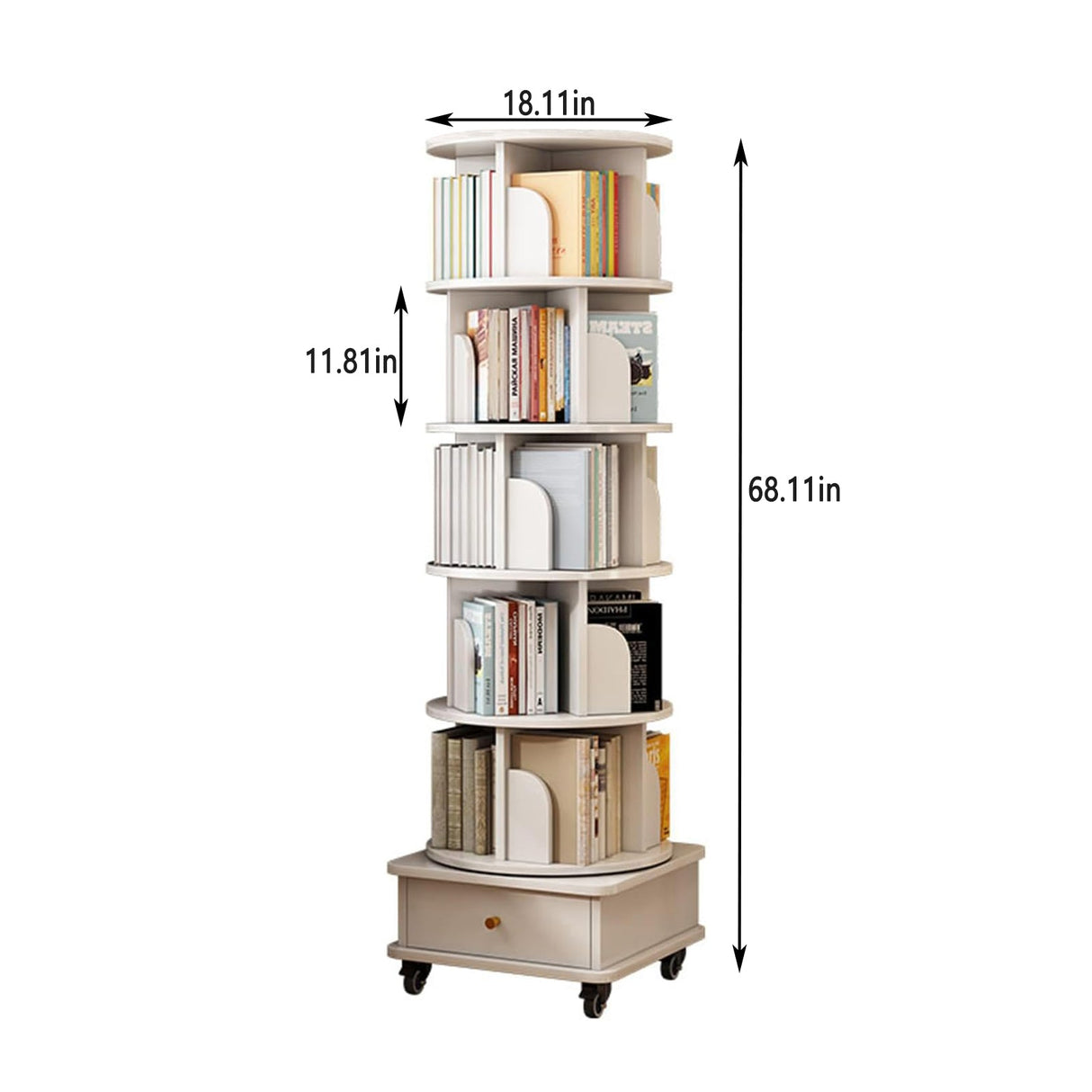 6 Tier Rotating Bookshelf with Wheels and Drawer, 360° Spinning Design, Space Saving Storage, for Home and Office, White MDF