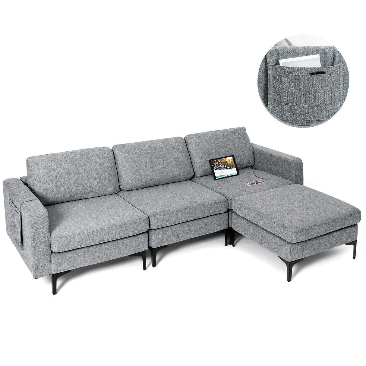 Modular 3-Seat L-shaped Sectional Sofa with Reversible Chaise and 2 USB Ports