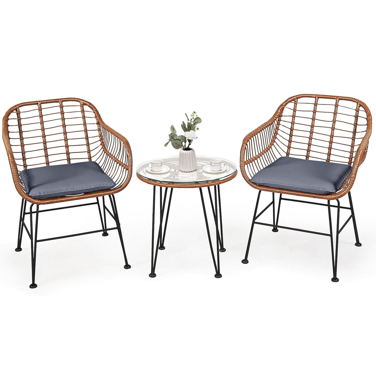 3 Pieces Patio Rattan Bistro Set with Cushion