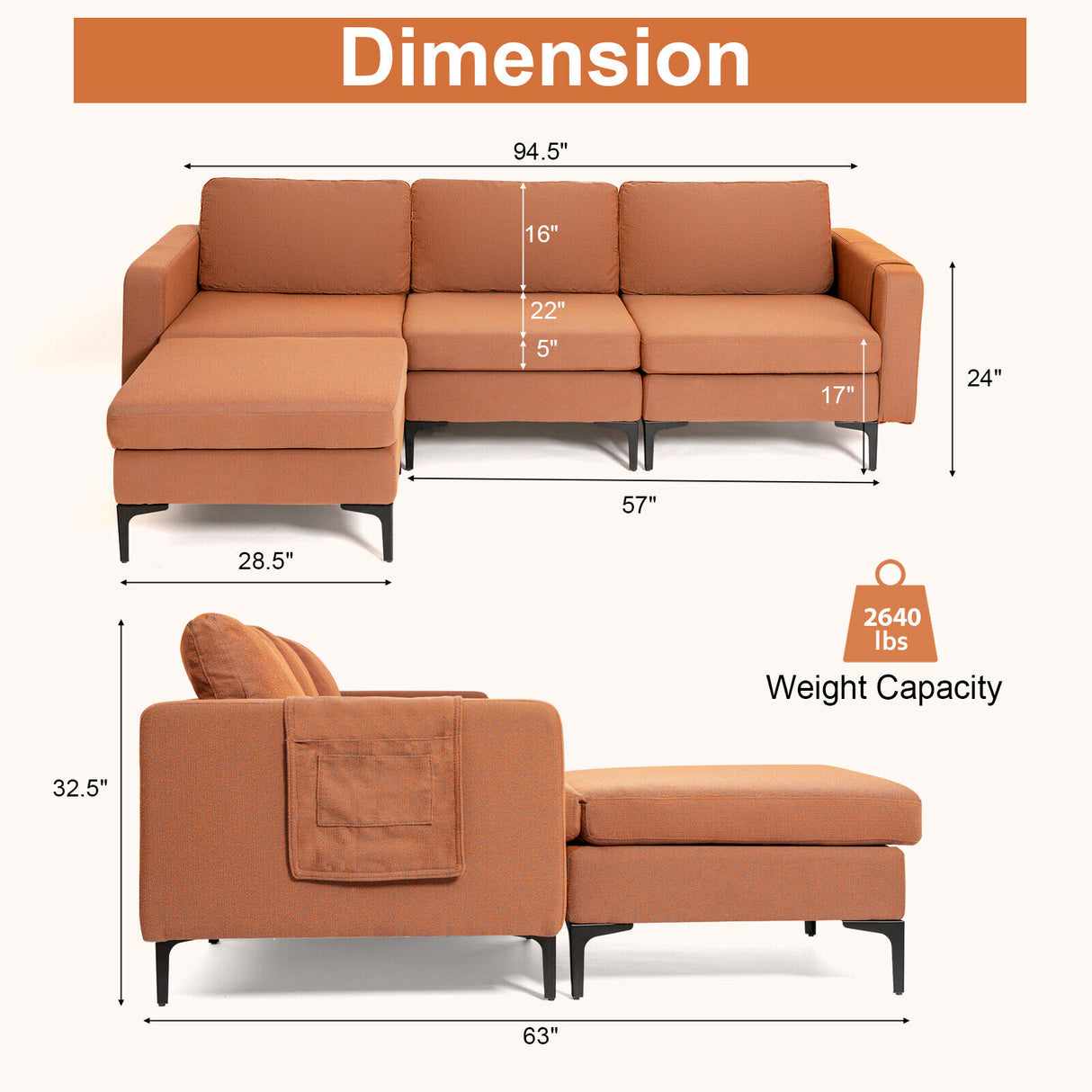 Modular 3-Seat L-shaped Sectional Sofa with Reversible Chaise and 2 USB Ports
