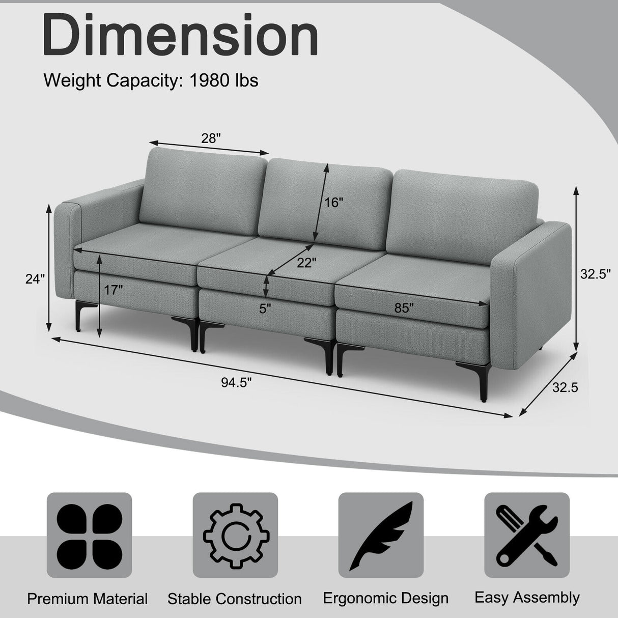 Convertible Leather Sofa Couch with Magazine Pockets 3-Seat with 2 USB Port