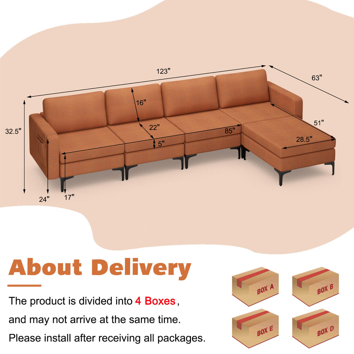 1/2/3/4-Seat Convertible Sectional Sofa with Reversible Ottoman-4-Seat L-shaped with 2 USB Ports