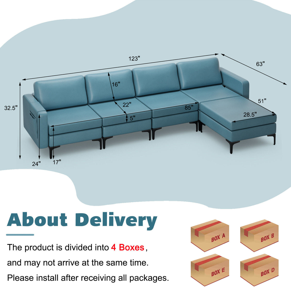 1/2/3/4-Seat Convertible Sectional Sofa with Reversible Ottoman-4-Seat L-shaped with 2 USB Ports