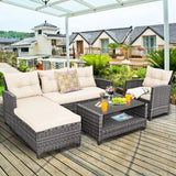 4 Pieces Patio Rattan Furniture Set with Cushion and Table Shelf