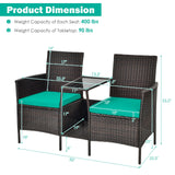 Patio Rattan Wicker Conversation Set Sofa Cushioned Loveseat Glass Table-Turquoise