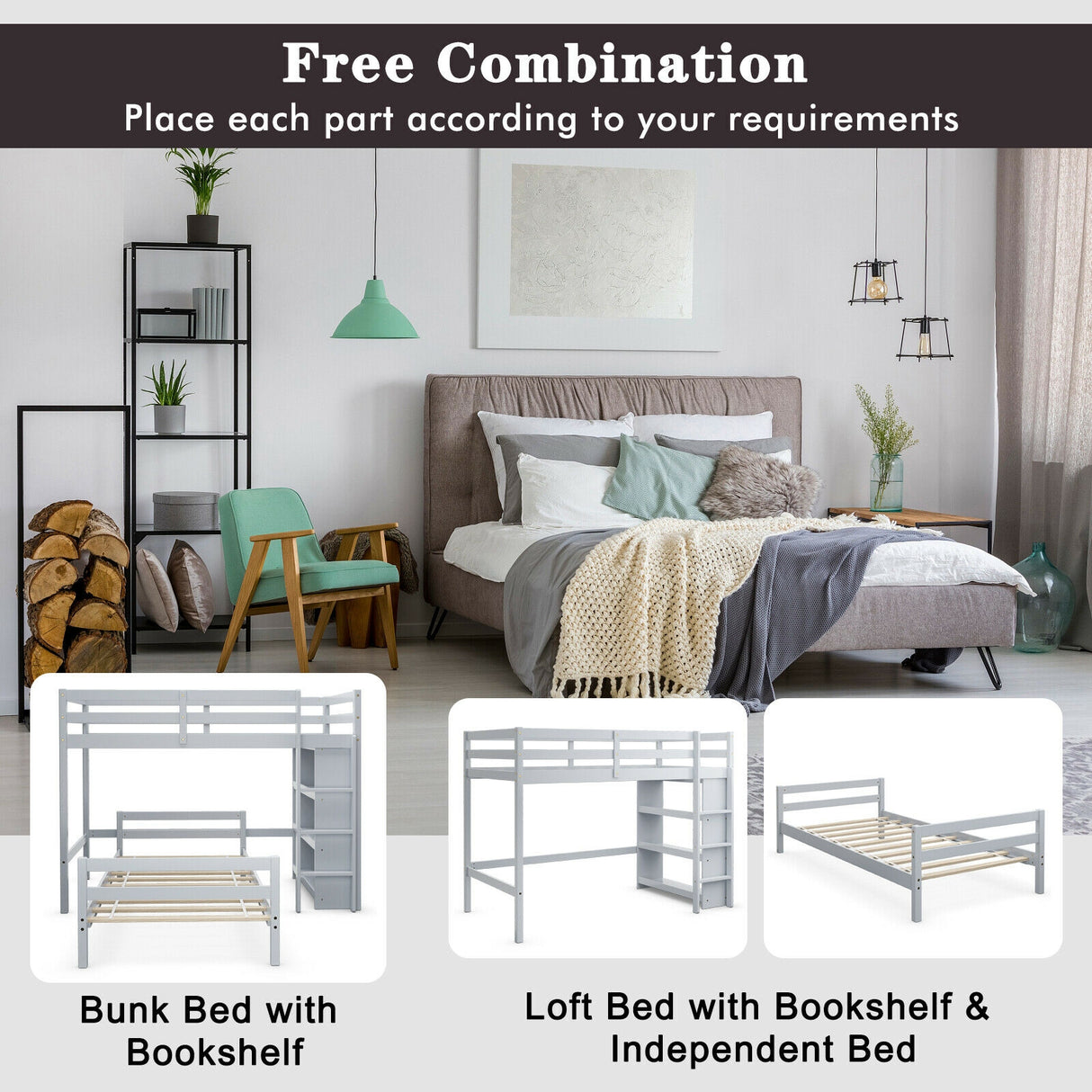 Twin Over Twin Loft Bunk Bed with Bookcase