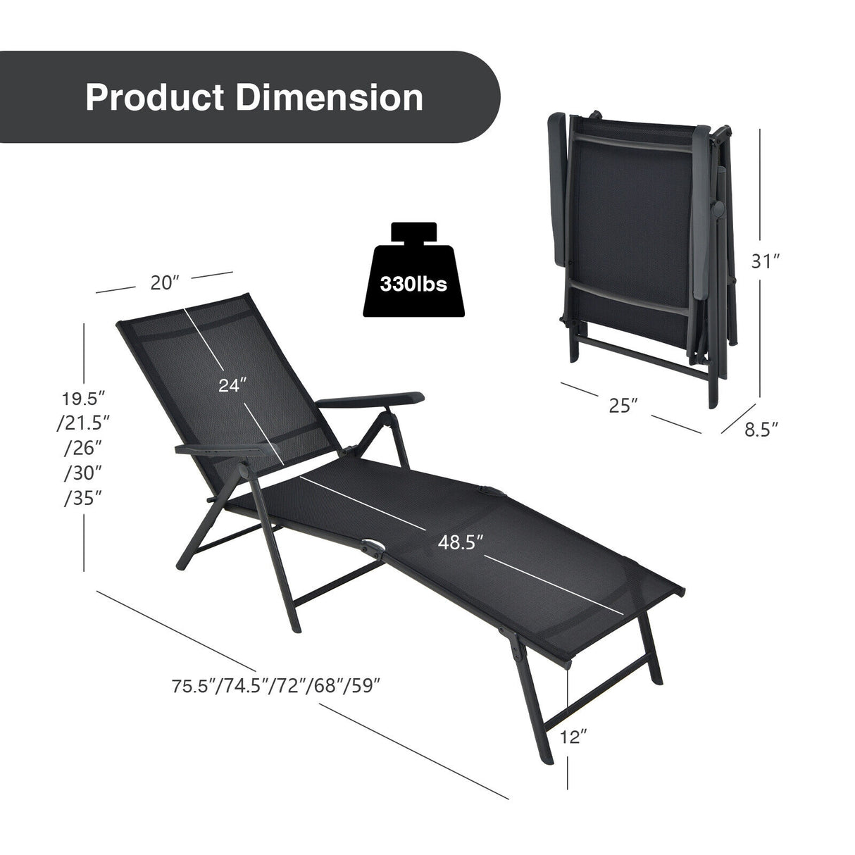 2 Pieces Foldable Chaise Lounge Chair with 2-Position Footrest