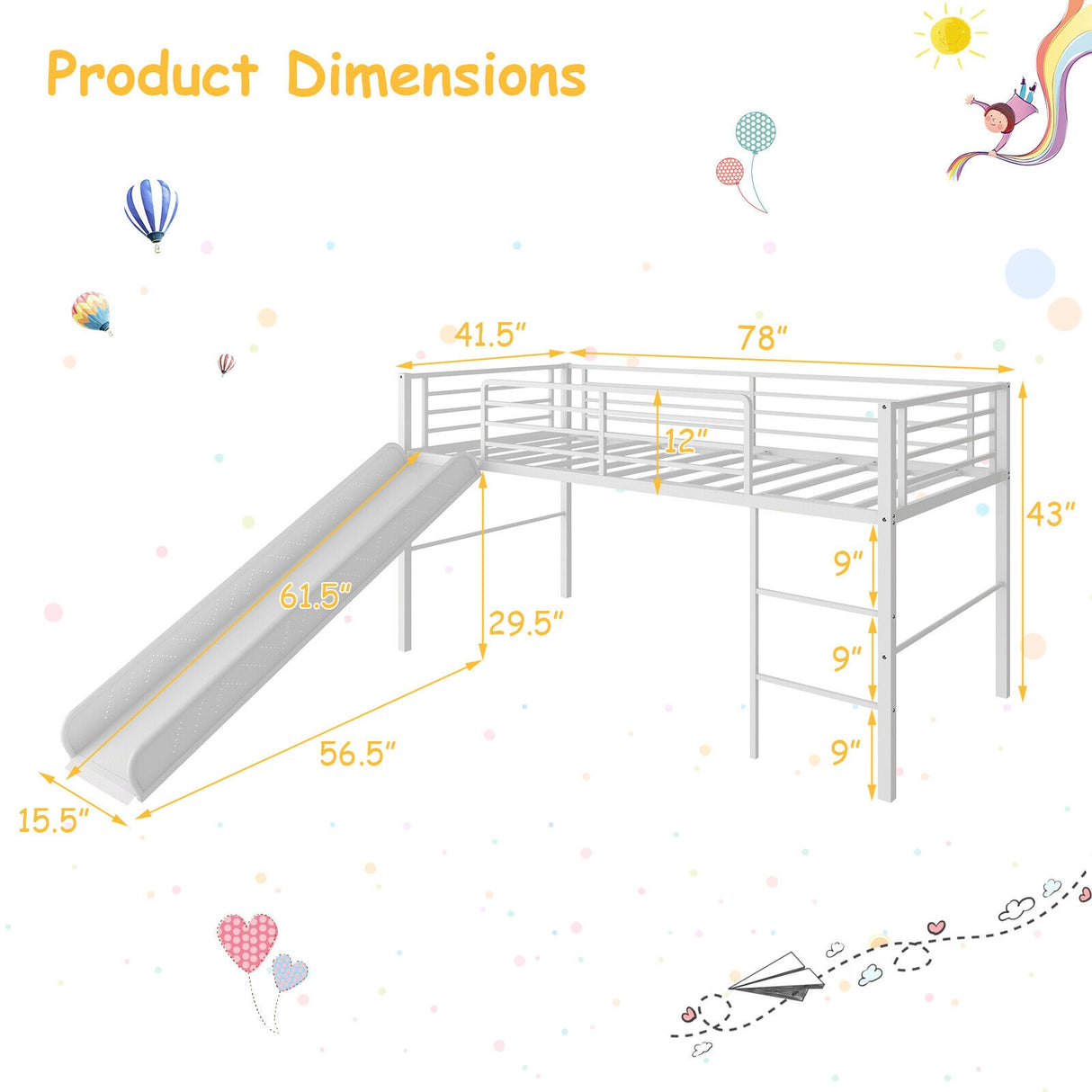 Twin Metal Loft Bed with Slide Safety Guardrails and Built-in Ladder