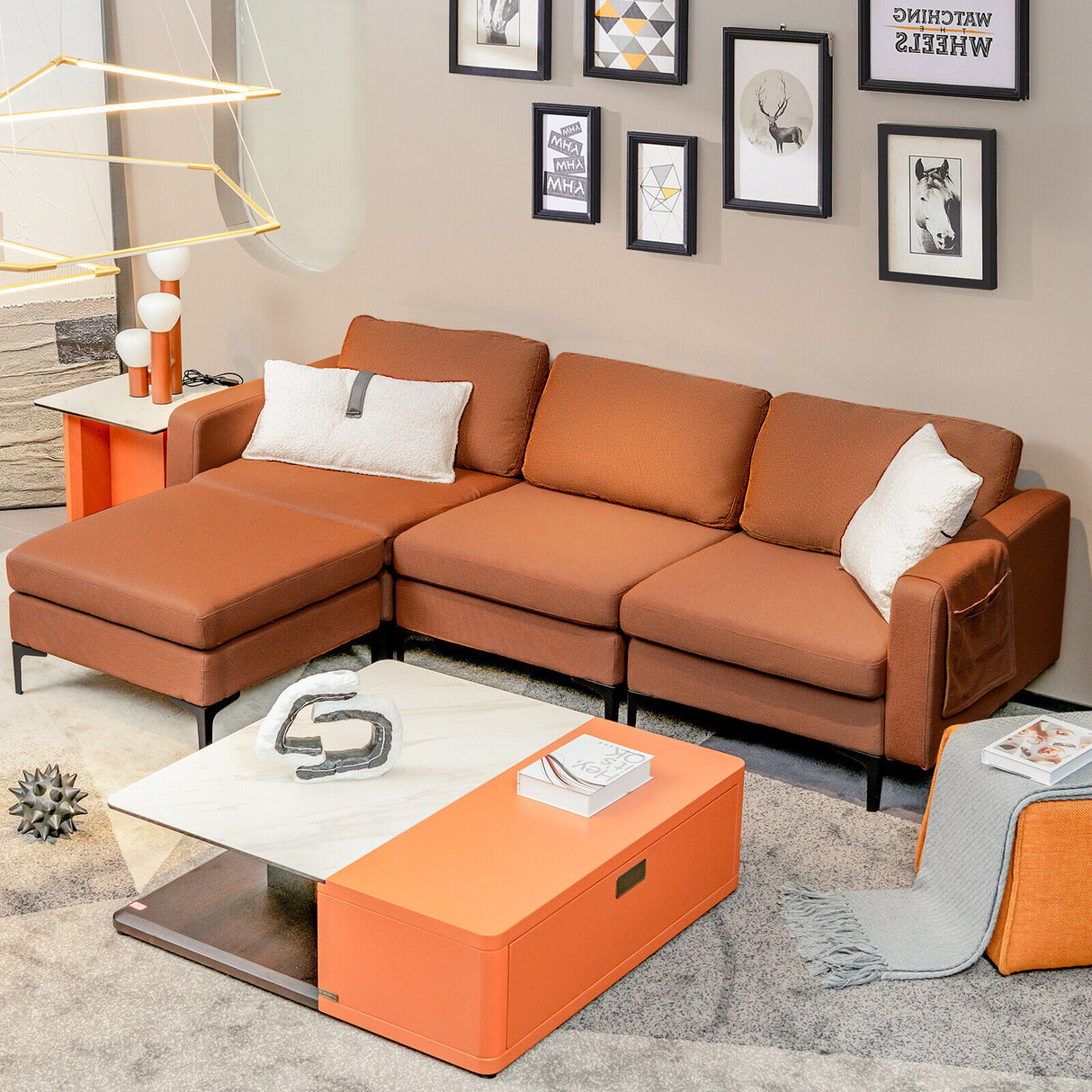 Modular 3-Seat L-shaped Sectional Sofa with Reversible Chaise and 2 USB Ports