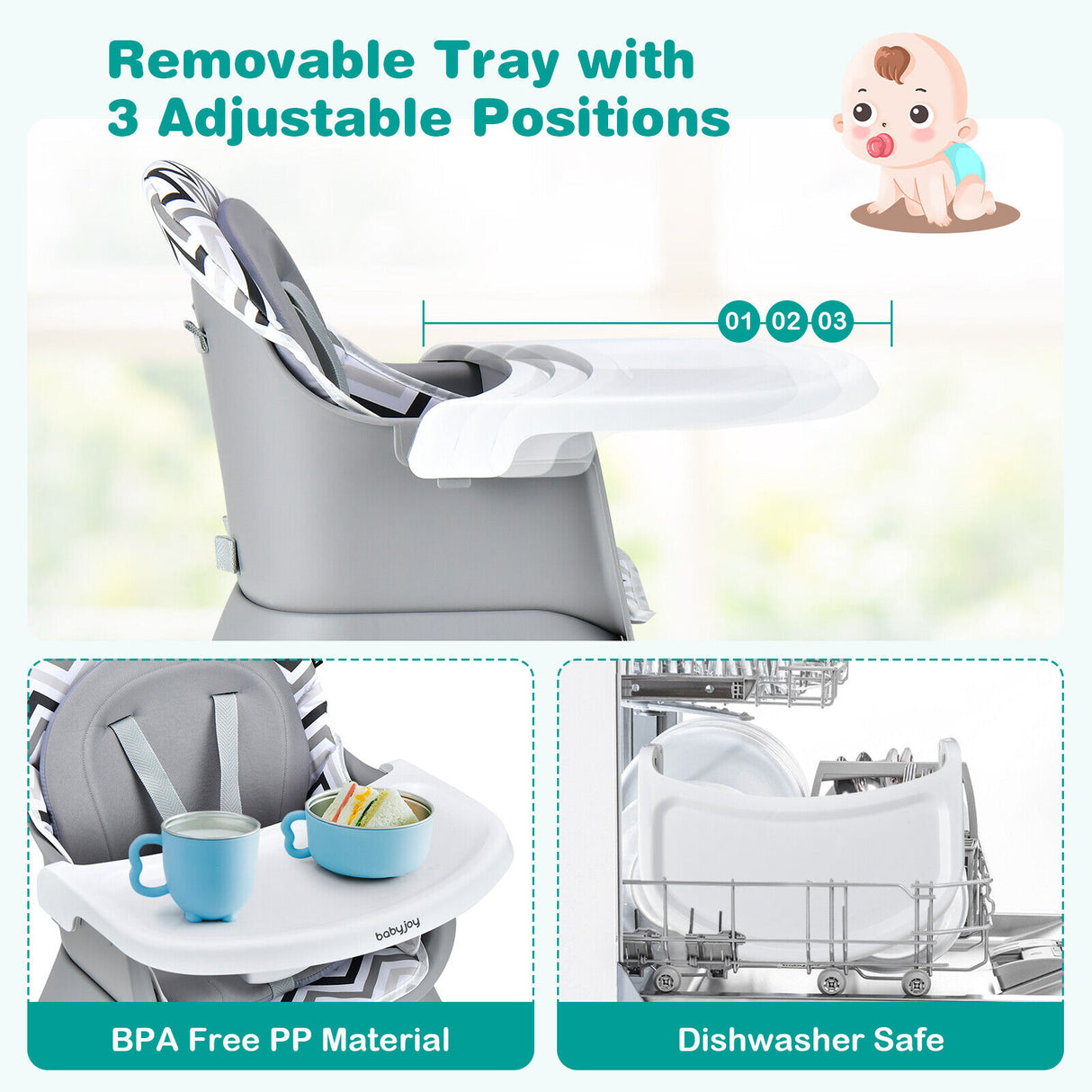6-in-1 Convertible Baby High Chair with Adjustable Removable Tray