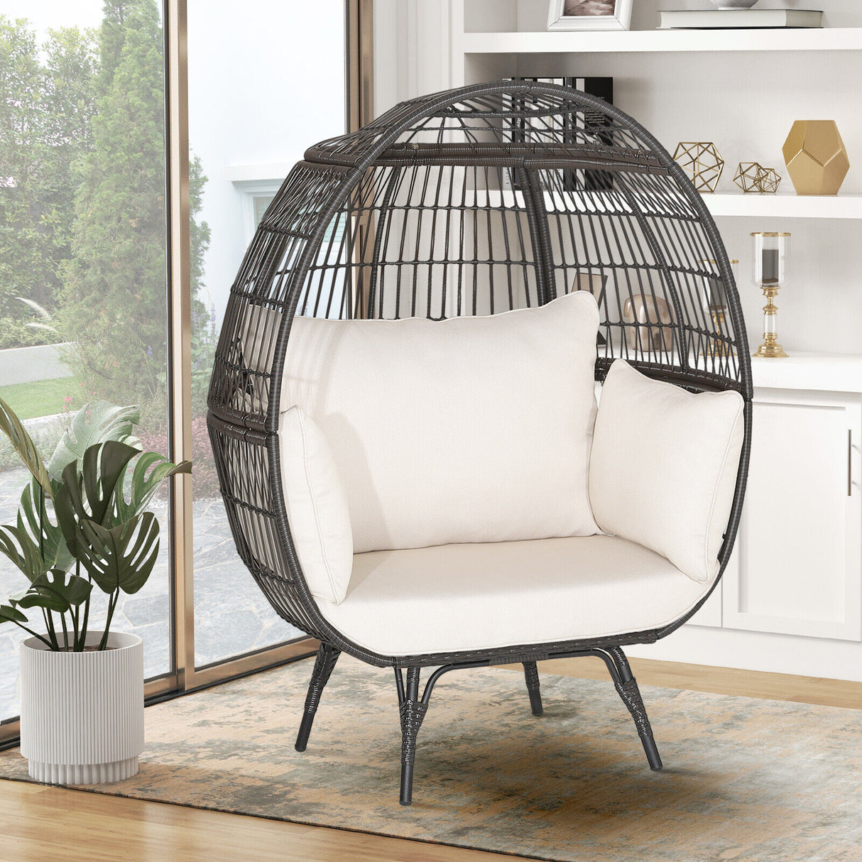Oversized Patio Rattan Egg Lounge Chair with 4 Cushions