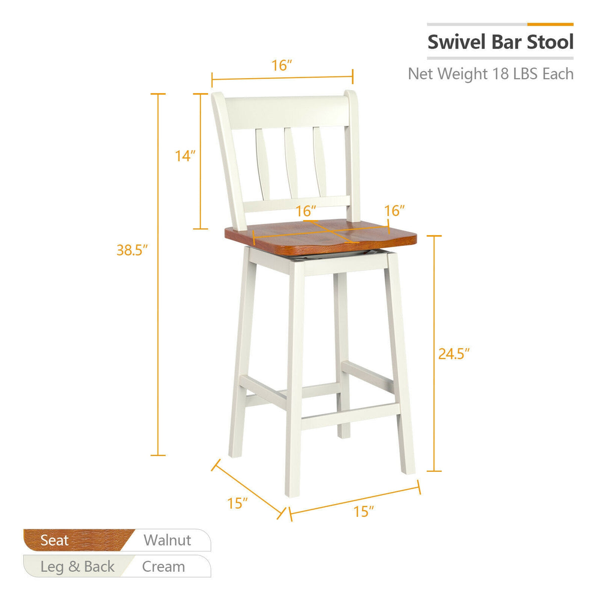 24.5 Inches Set of 2 Swivel Bar Stools with 360Â° Swiveling