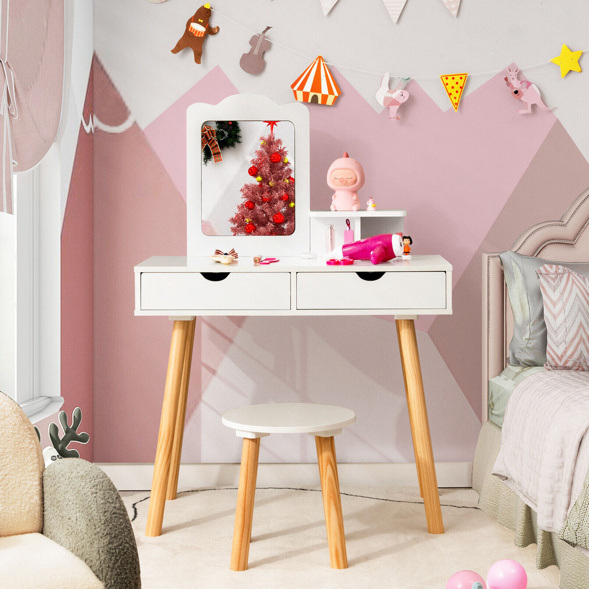 Kid Vanity Table Chair Set with Mirror and 2 Large Storage Drawers