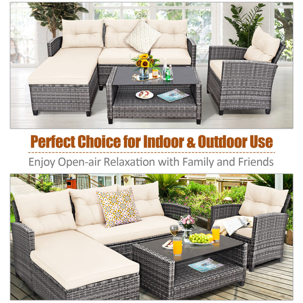 4 Pieces Patio Rattan Furniture Set with Cushion and Table Shelf