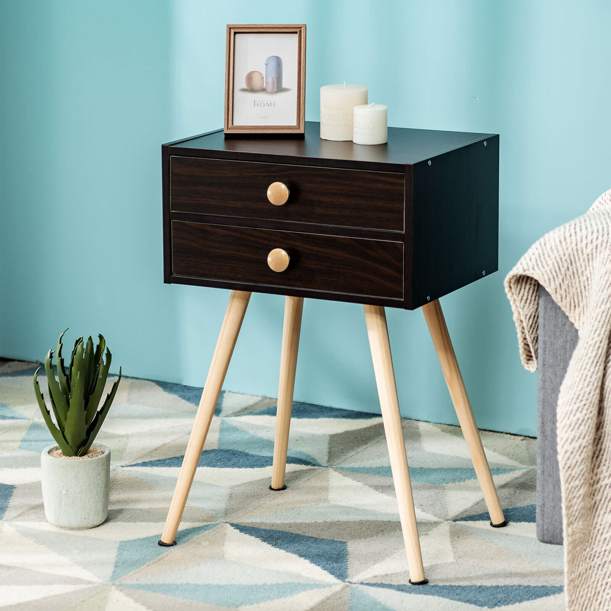 Modern Nightstand Bedside Table Mid Century with 2 Drawers