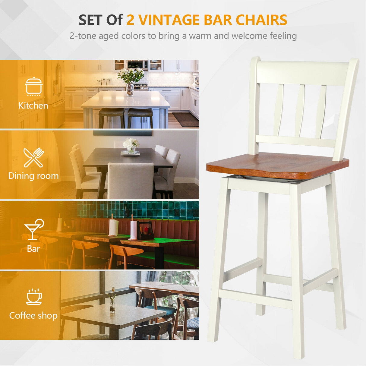 24.5 Inches Set of 2 Swivel Bar Stools with 360Â° Swiveling