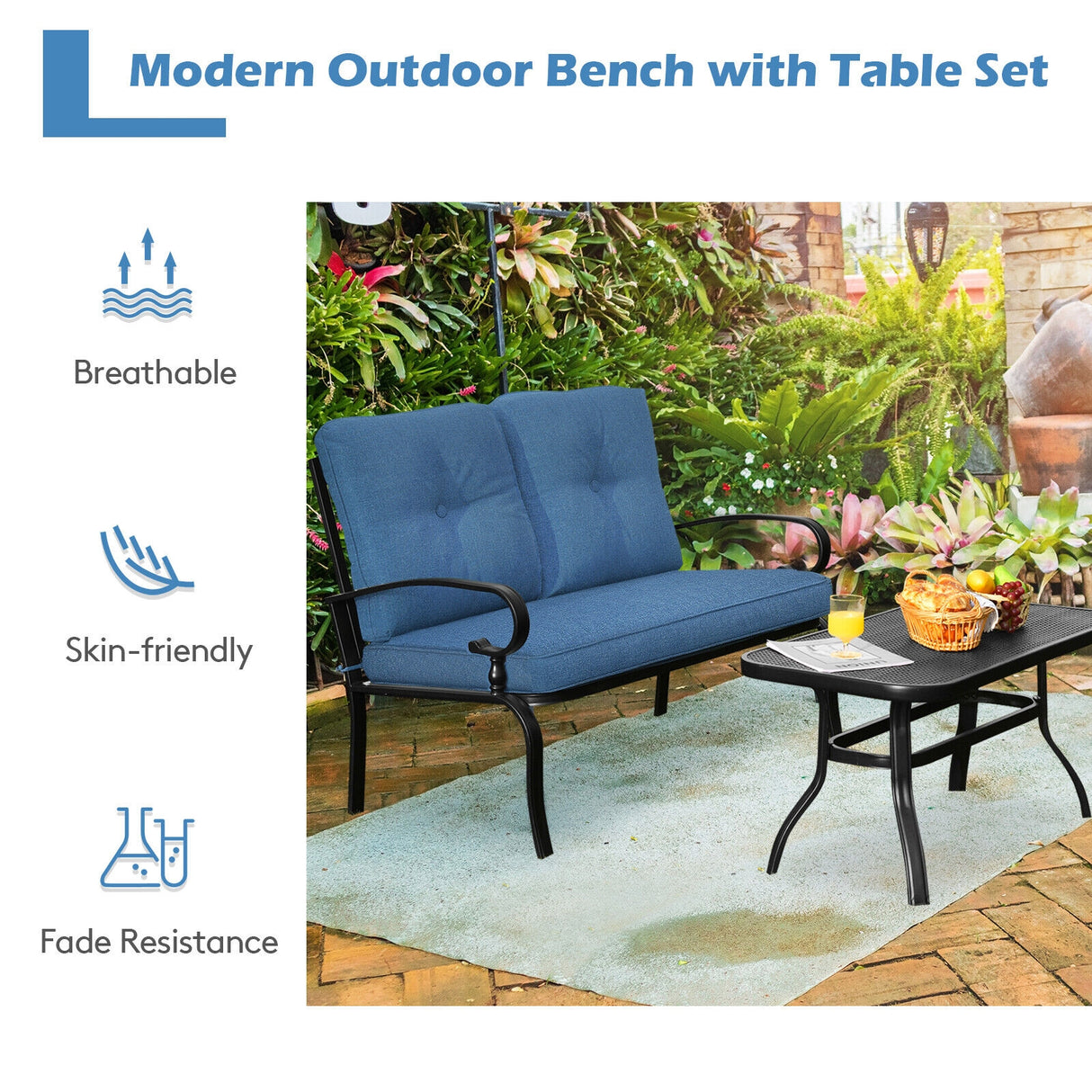 2PCS Patio Loveseat Bench Table Furniture Set with Cushioned Chair