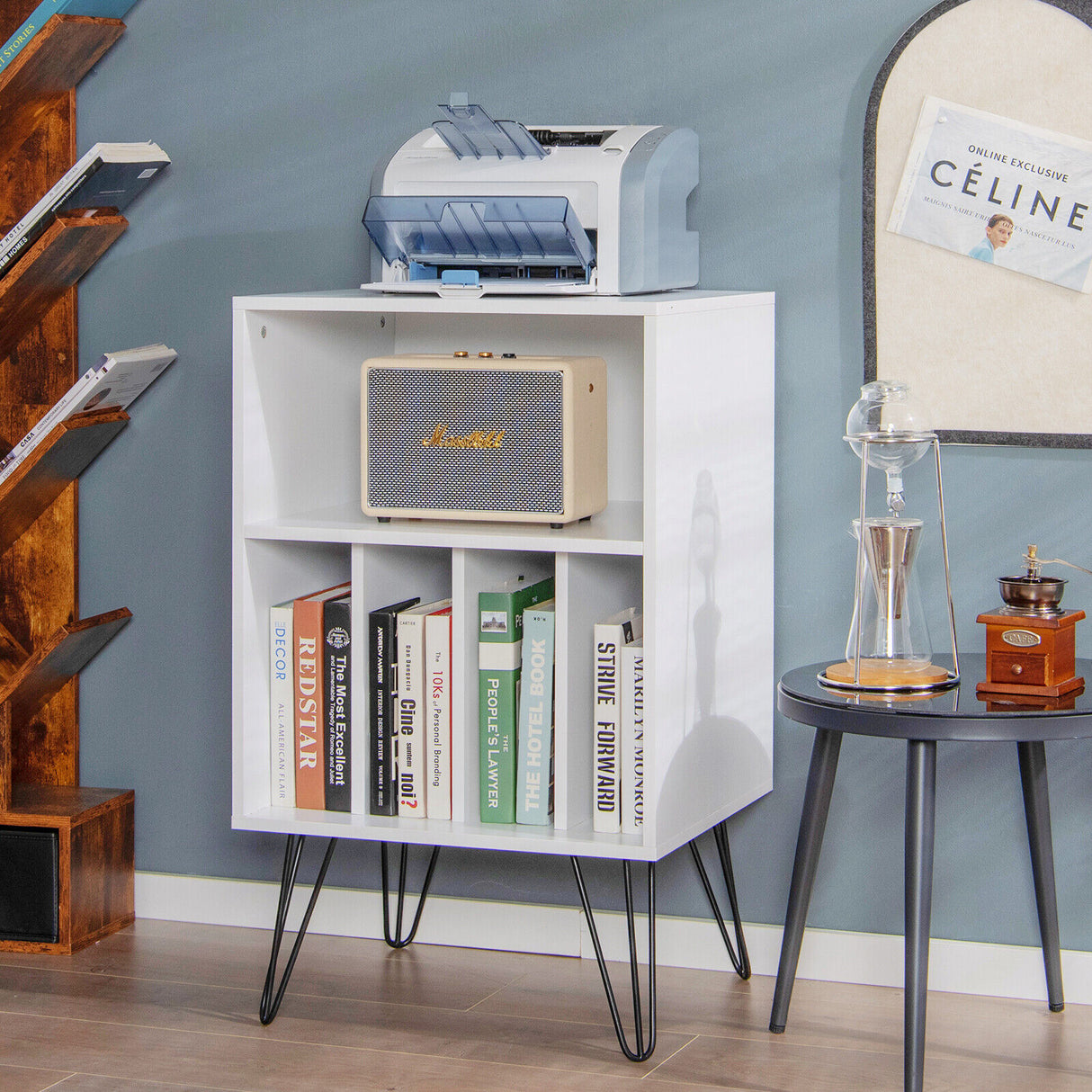 Freestanding Record Player Stand Storage Cabinet with Metal Legs